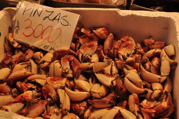 Venda de patas de caranguejo no Mercado Central de Santiago, capital do Chile